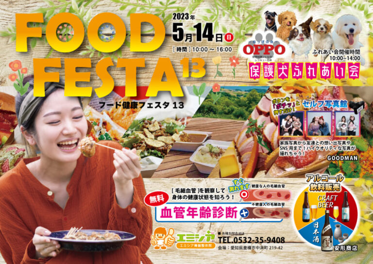 豊橋で開催のイベント案内ポスター「FOOD FESTA 13」、美味しそうな料理と体験コーナーが並ぶ会場の風景。